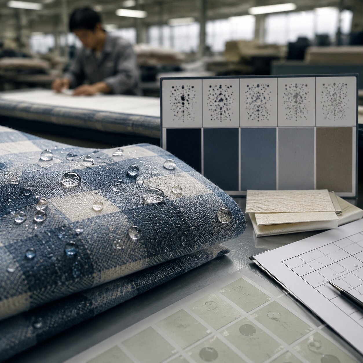 Close view of water droplets beading on a blue 210gsm polyester picnic blanket fabric during QC testing