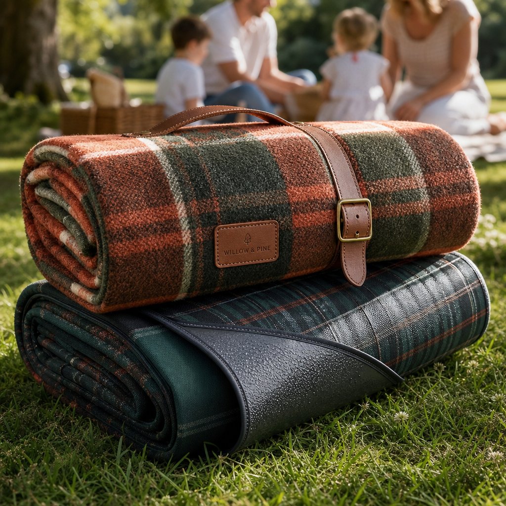 Folded picnic blankets in forest green and ochre tartan on meadow grass with carry strap