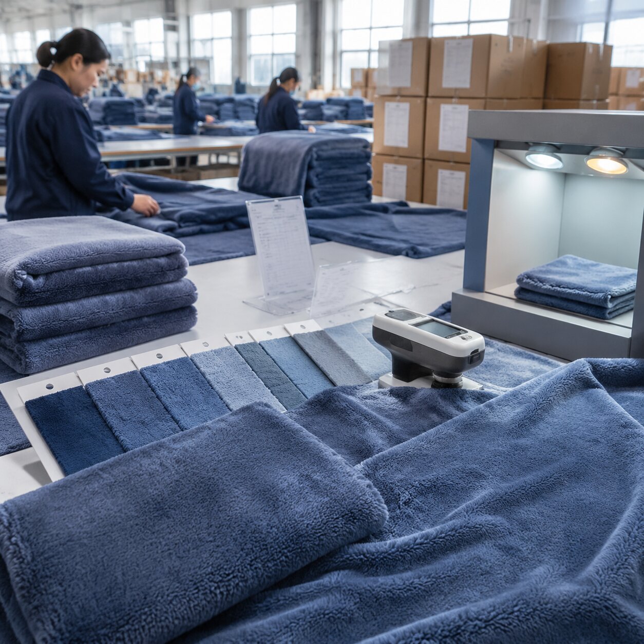 Piece-dyed polyester teddy fleece blankets under controlled inspection lighting with sealed standards, lot cards and segregated retail cartons