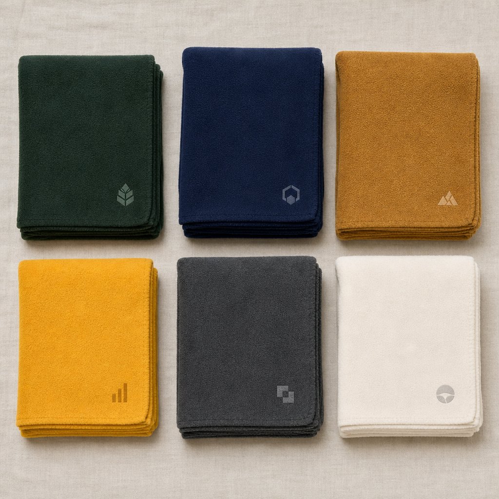 Six small custom-branded promotional fleece throws in solid colors flat lay grid