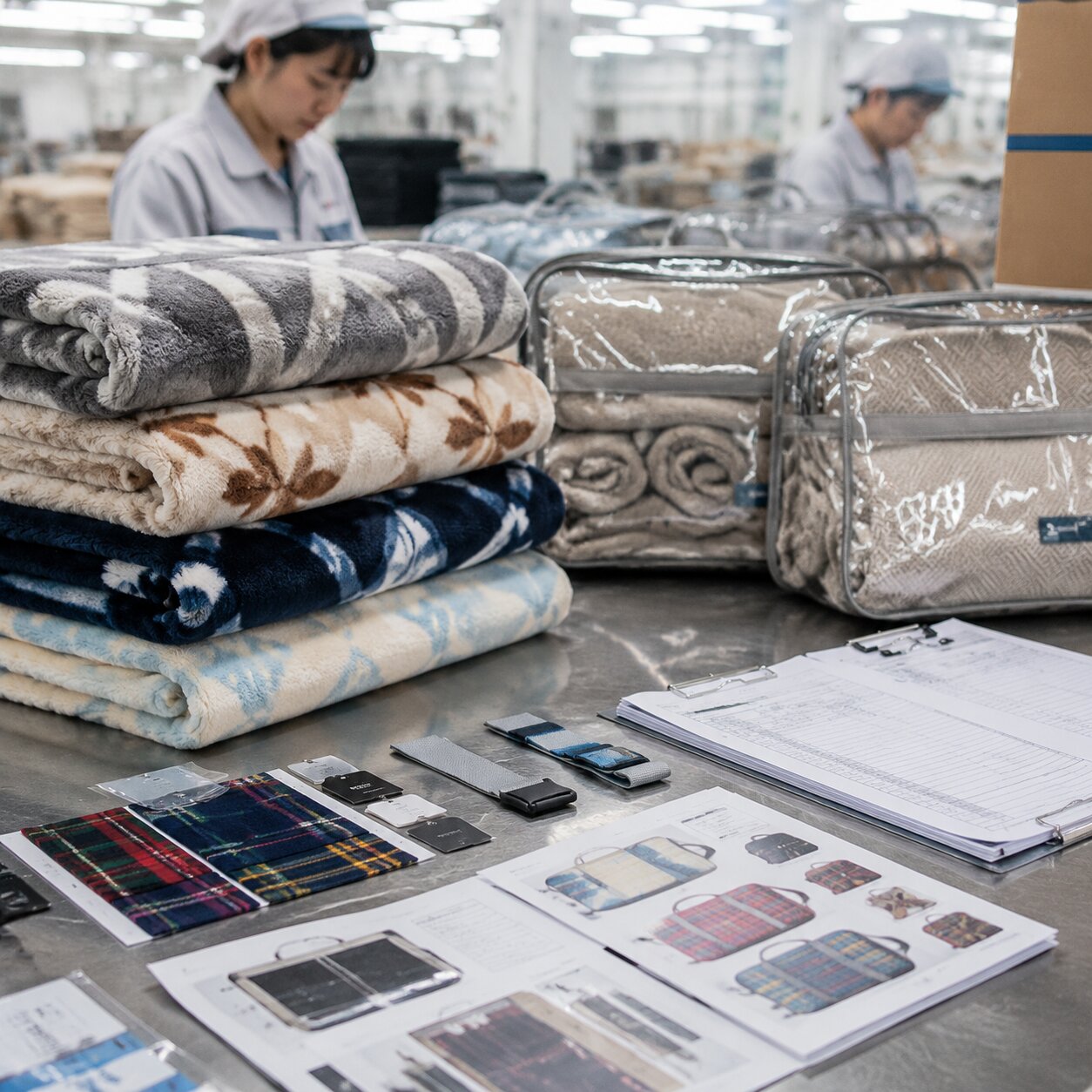 Stacked 300gsm polyester mink blankets beside clear PVC gift bags, lab test strips, compliance paperwork, and carton labels in a textile QC area