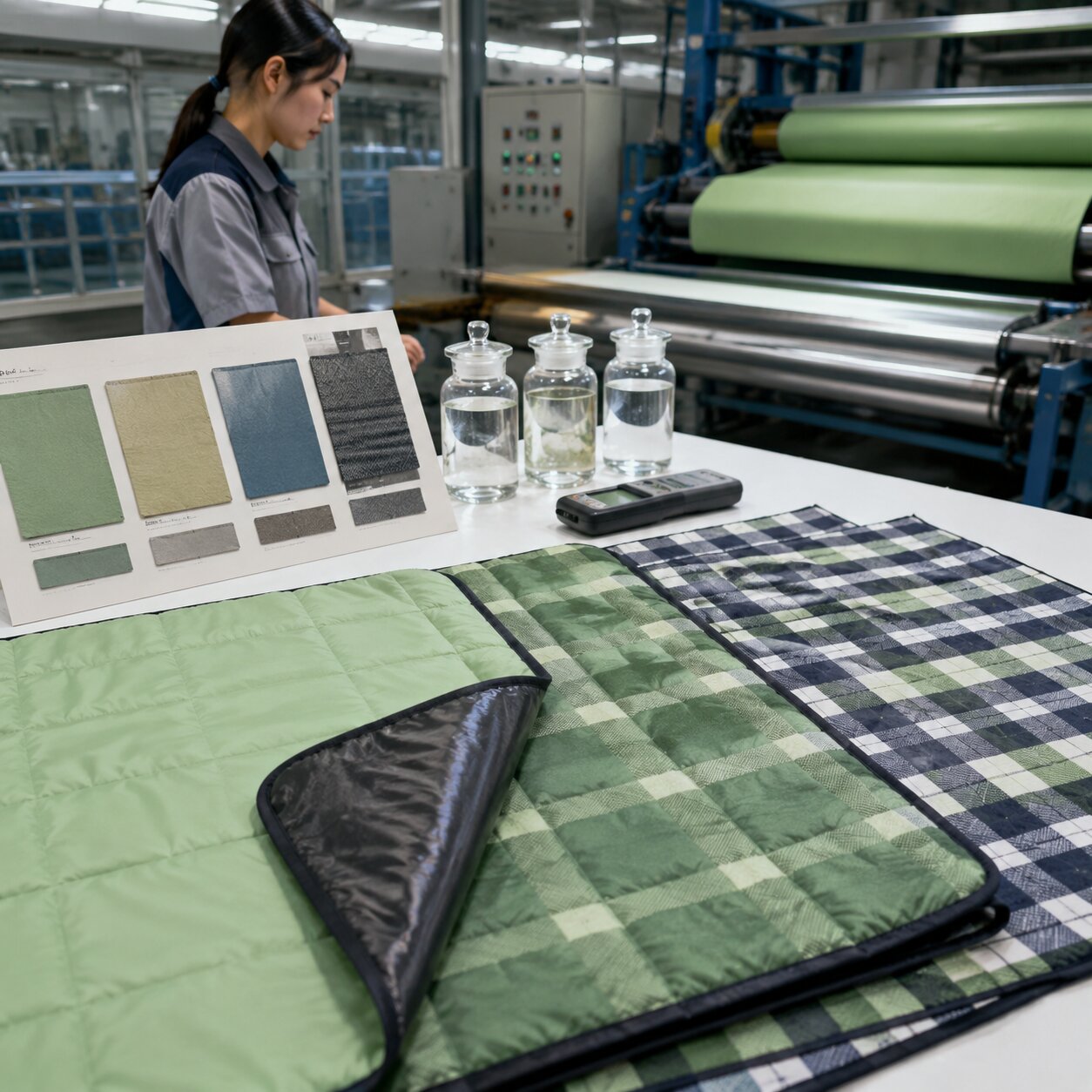 Flat-lay of a PU-coated 210D polyester picnic blanket with seam tape, lab dip swatches, odor test jars, and a compliance checklist on a factory inspection table