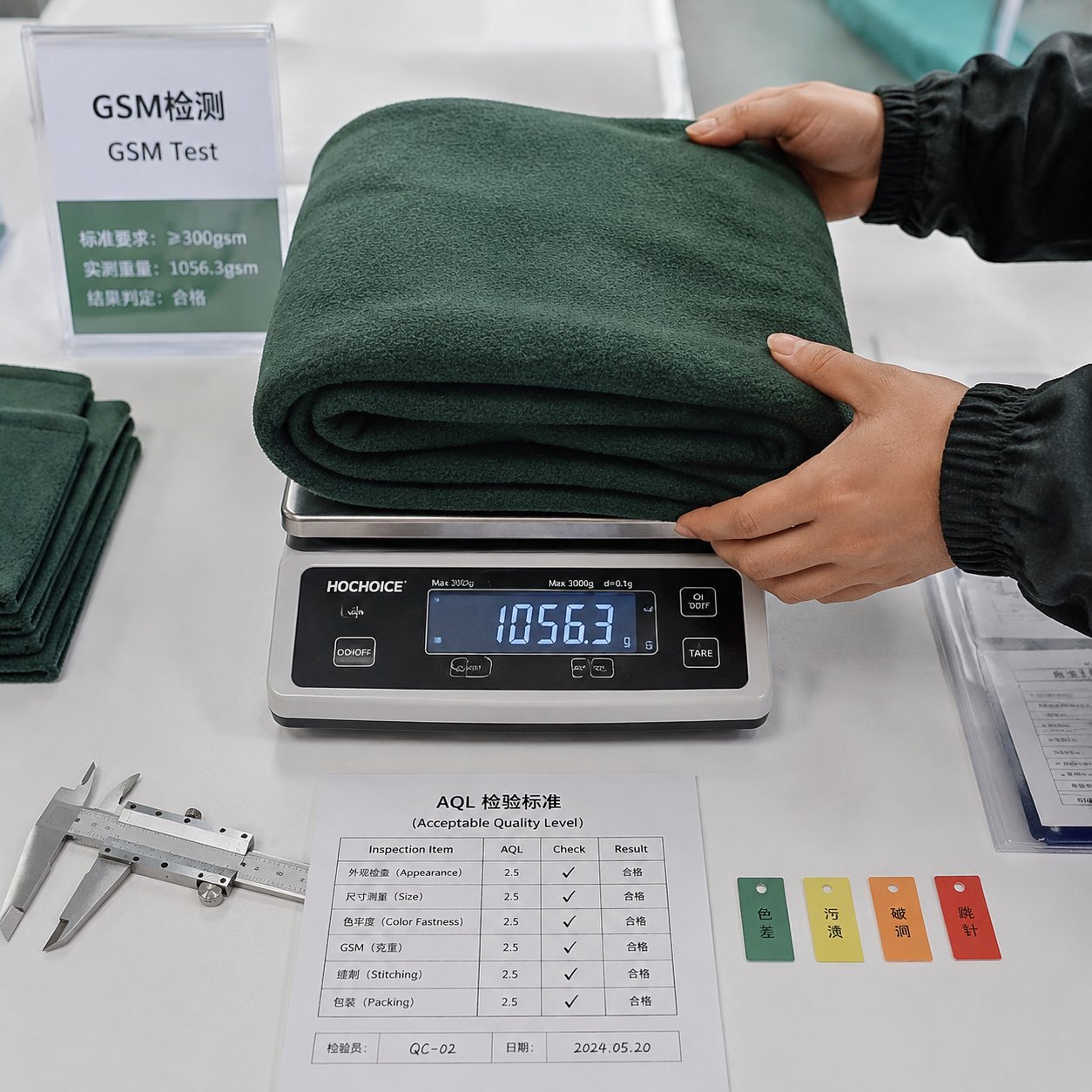 Measuring the GSM weight of a fleece blanket on a digital scale at a quality-control bench
