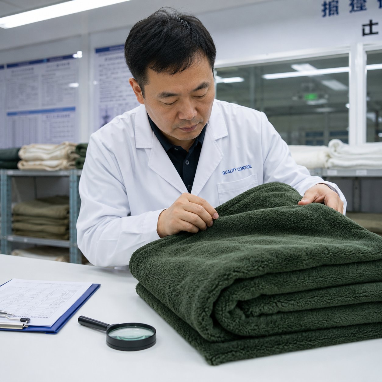 Quality control inspector examining folded fleece throw blanket on inspection table