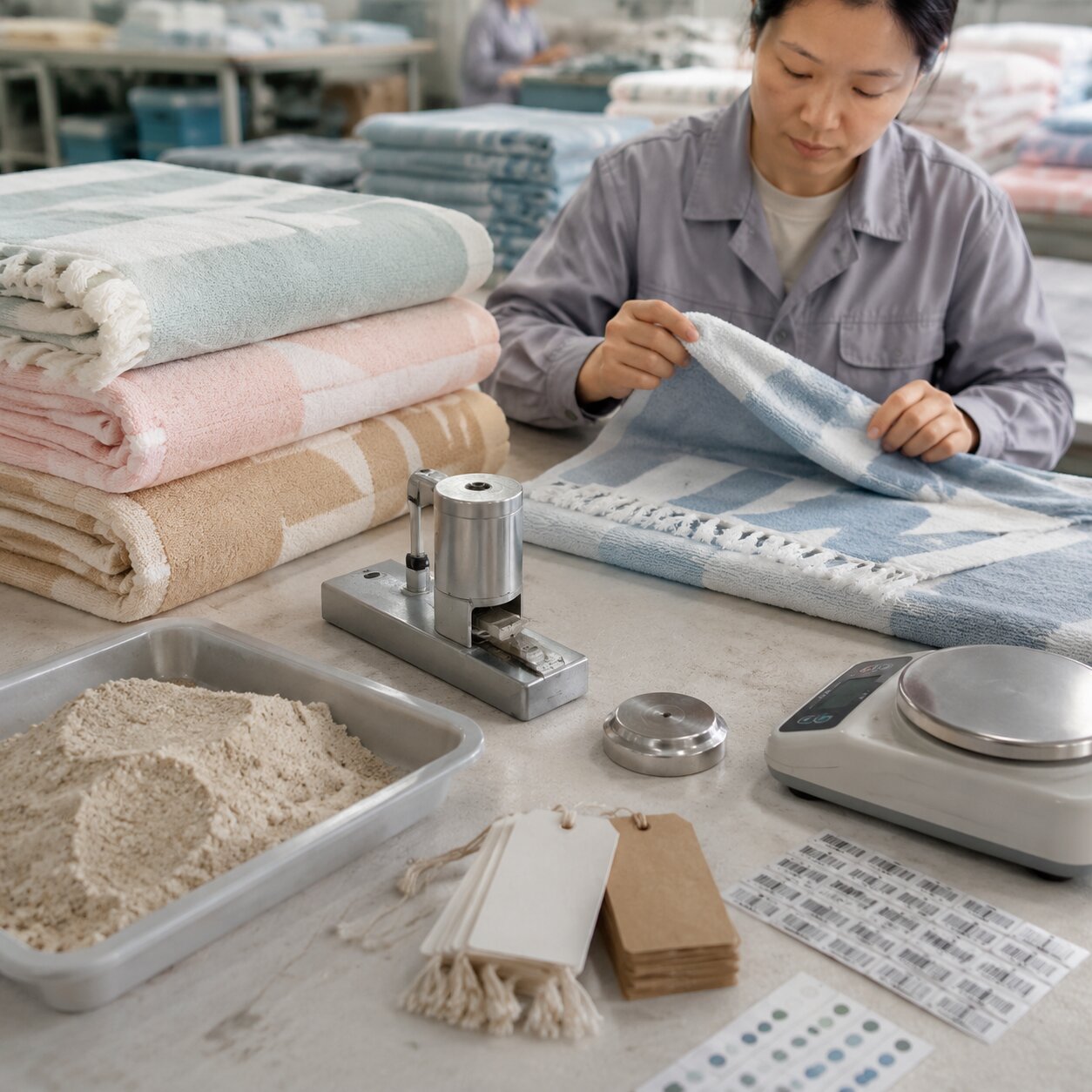 Stack of folded 200gsm polyester terry beach blankets with loop pile texture, woven labels and sand-release hangtags on a factory inspection table