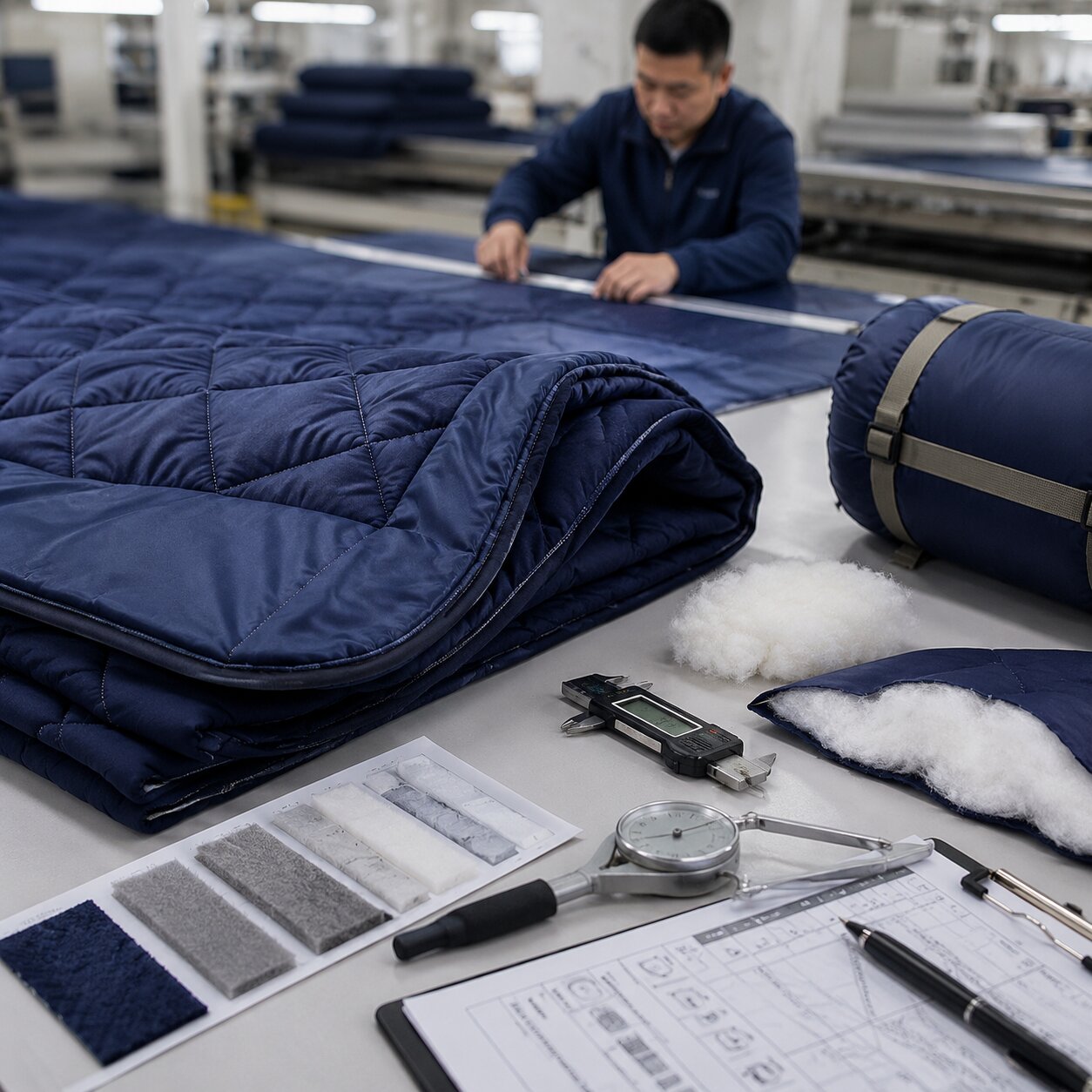 Quilted navy polyester pongee airline travel blanket folded beside a fabric weight scale and quilting channel sample