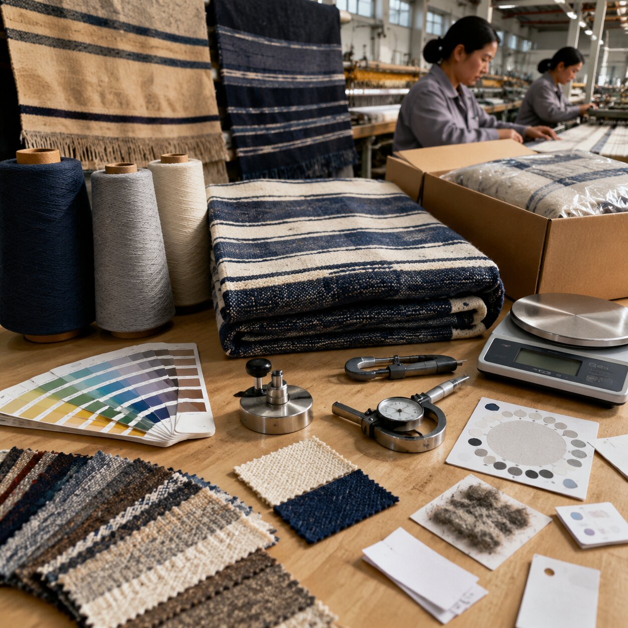 Yarn-dyed recycled acrylic camp blankets with striped layouts stacked beside cone yarns, shade cards and QC tools