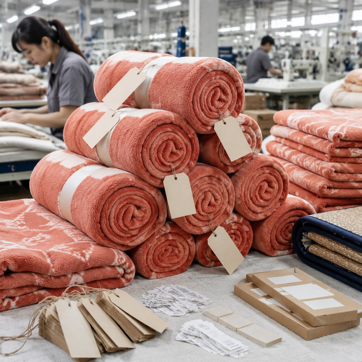 Stacked 260gsm recycled coral fleece blankets in a mill QC area with label rolls, hang tags, and packed cartons