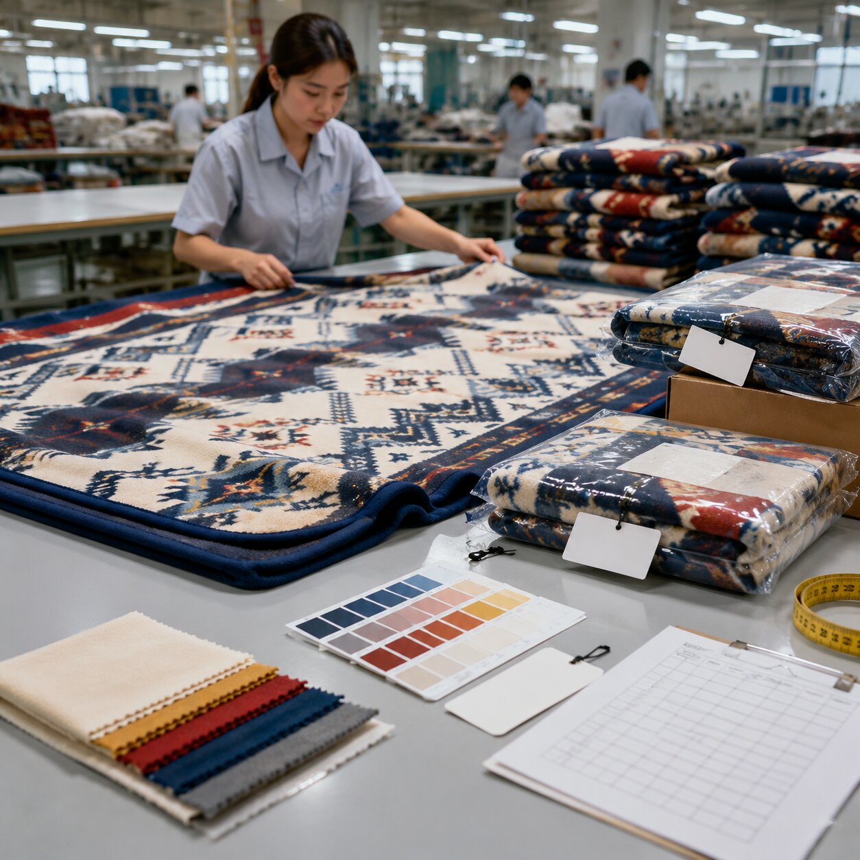 Reactive printed 180gsm cotton flannel camp blankets stacked on a finishing table beside strike-offs and colour standards in a textile mill