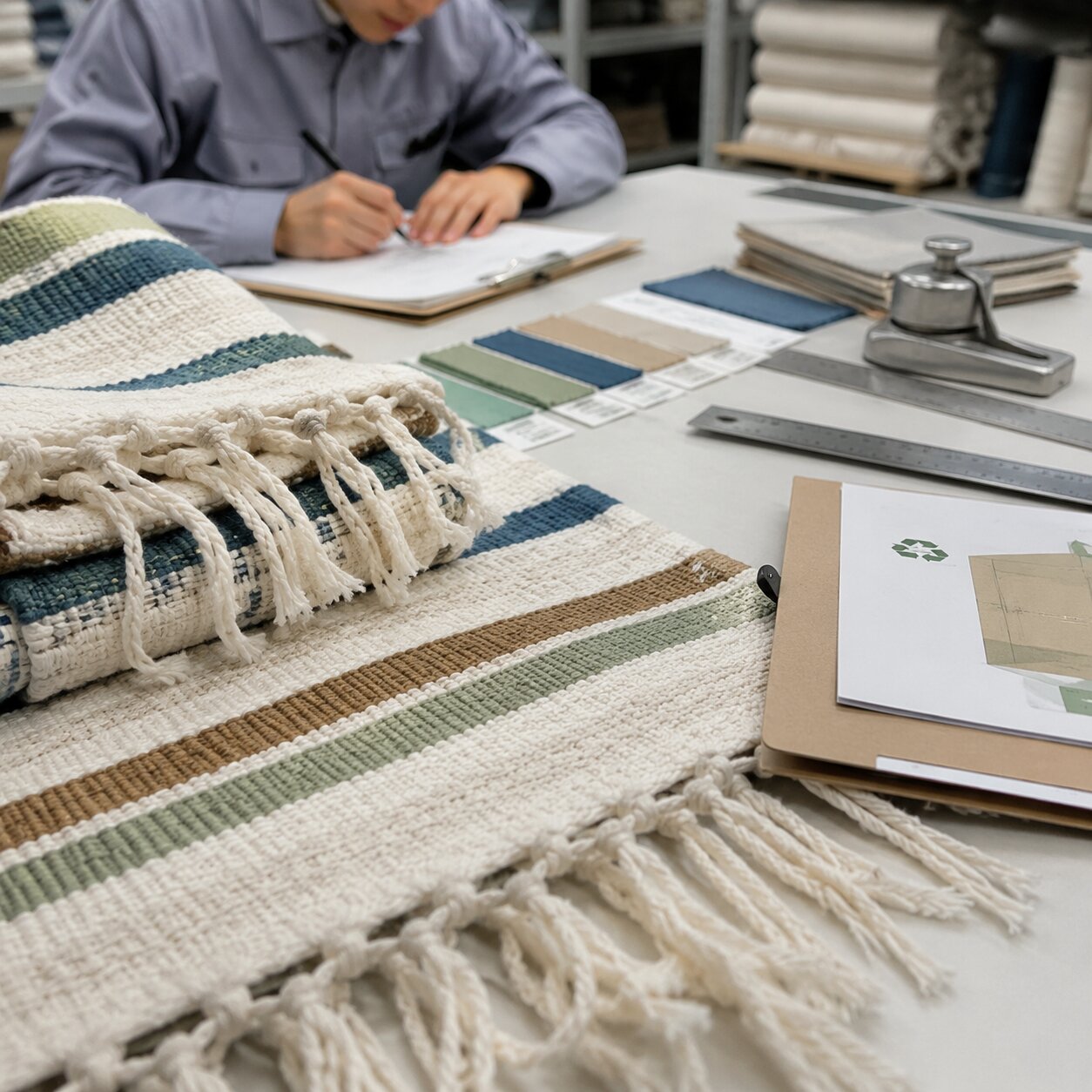 Stack of yarn-dyed recycled cotton polyester picnic blankets with striped woven faces and knotted fringes in a textile mill sampling room