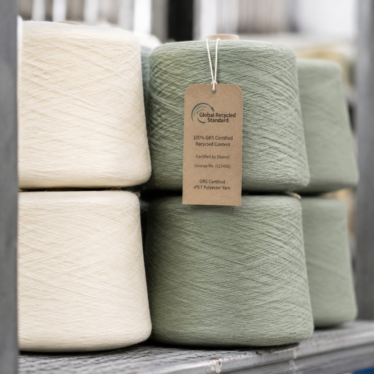 RPET polar fleece blankets with recycled polyester yarn cones, inspection report and GRS documentation on a mill table
