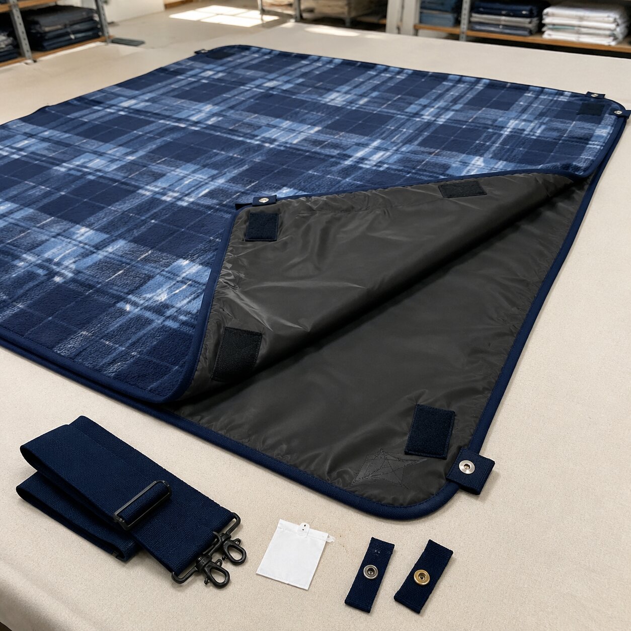 Reversible fleece picnic blanket with detached waterproof ground sheet and aligned attachment tabs on a quality-control table.
