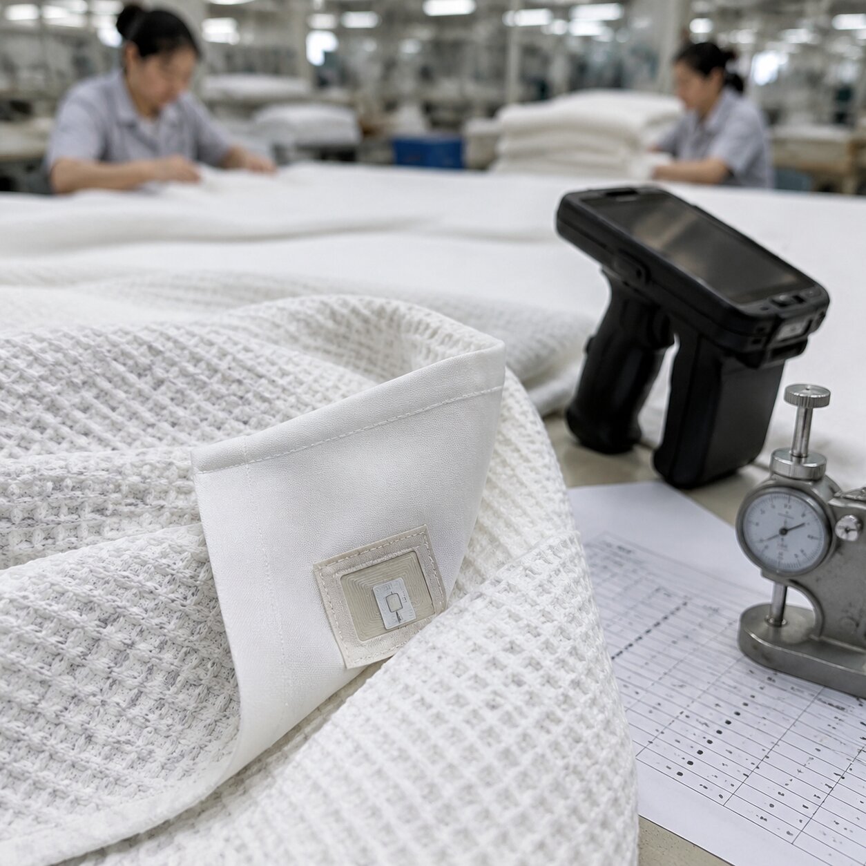 Close view of a white polyester waffle blanket corner with a sewn RFID laundry tag during factory inspection