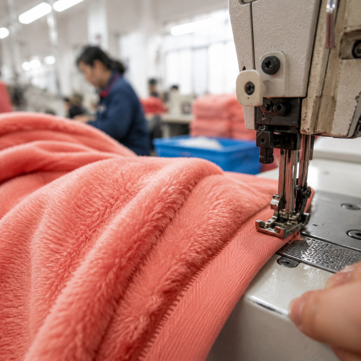 Close-up of grey 280gsm coral fleece throw edge with rib-knit binding under a sewing machine presser foot
