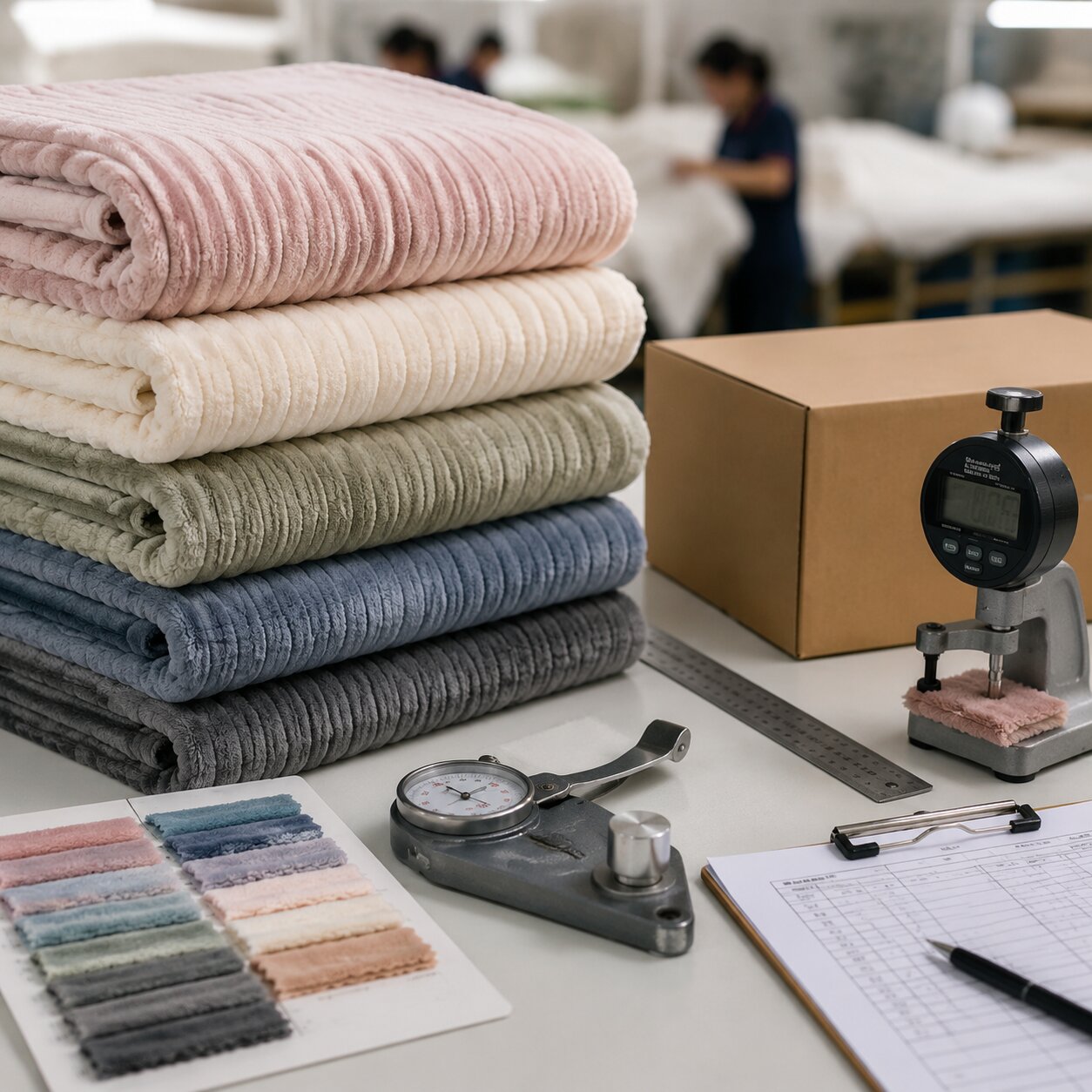 Close-up of folded 290gsm ribbed microfiber fleece throws showing raised stripes, sheared pile and colour lab dips on a mill table