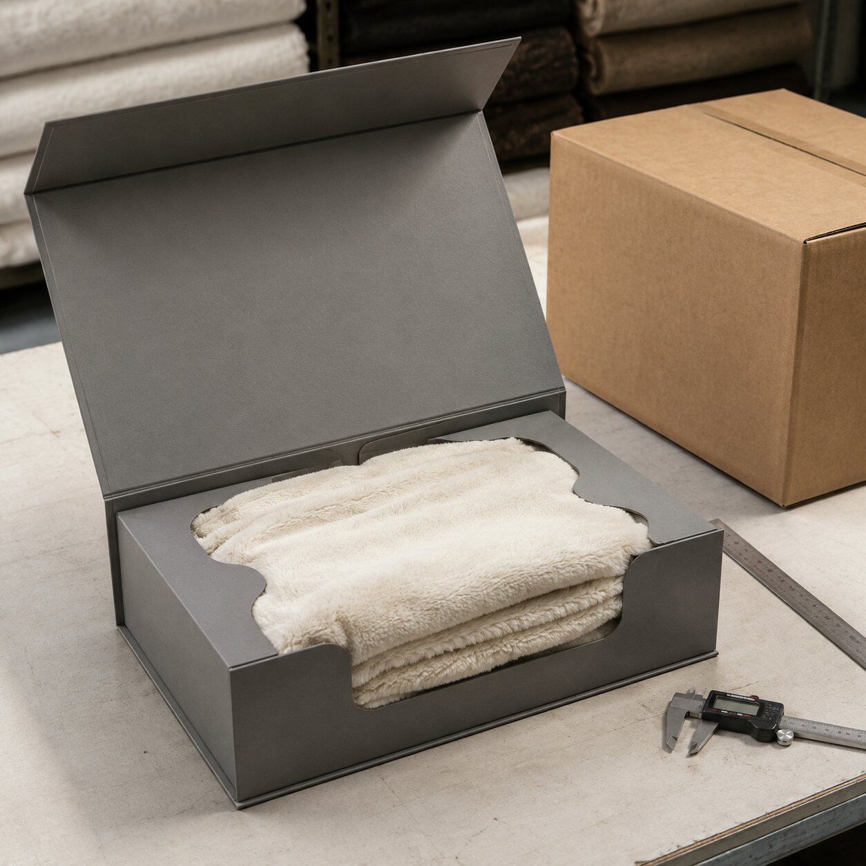 Open rigid magnetic gift box with folded polyester faux-fur throw and measured paperboard insert on a packing table