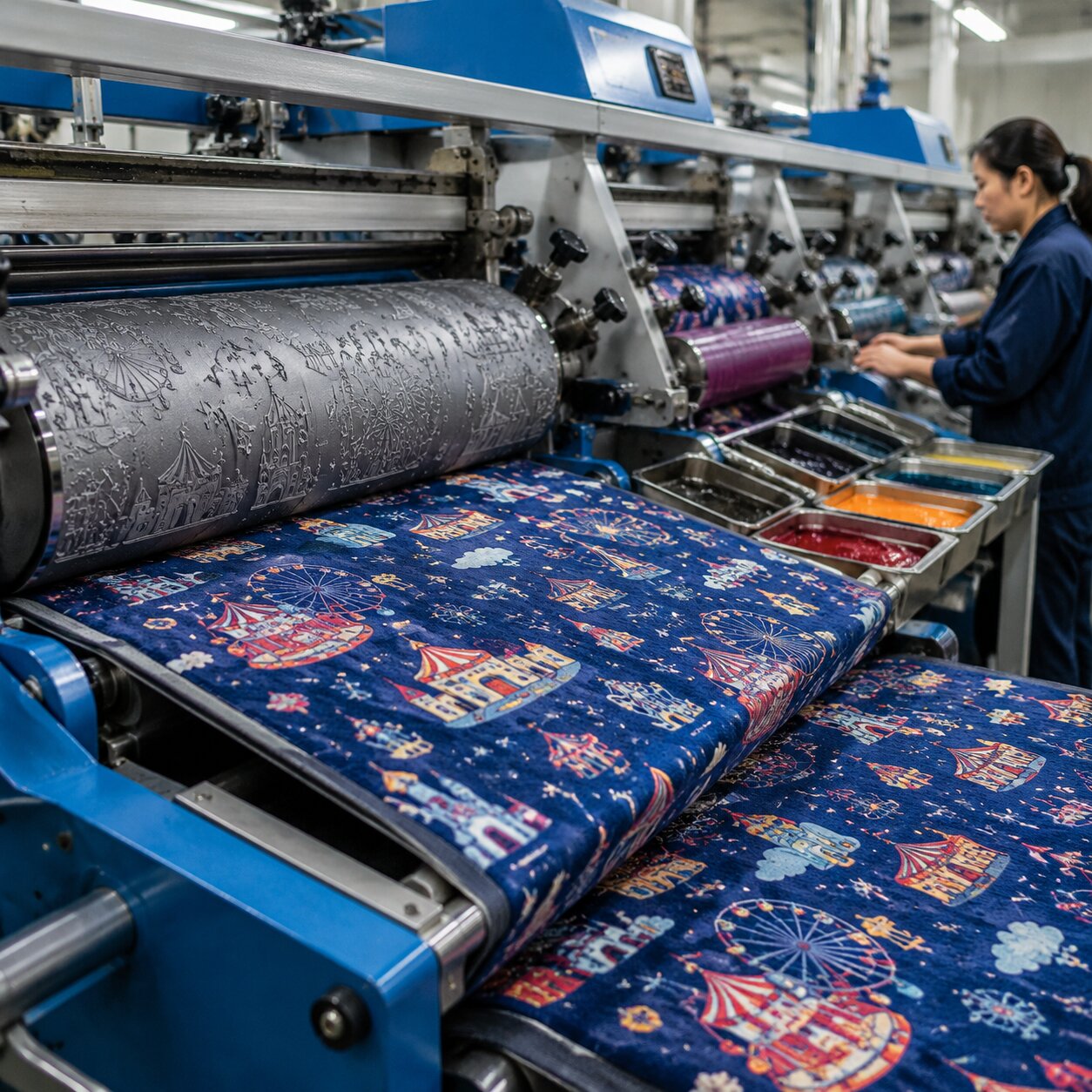 Rolls of 220gsm polar fleece passing through a rotary screen printing line with printed blanket panels visible