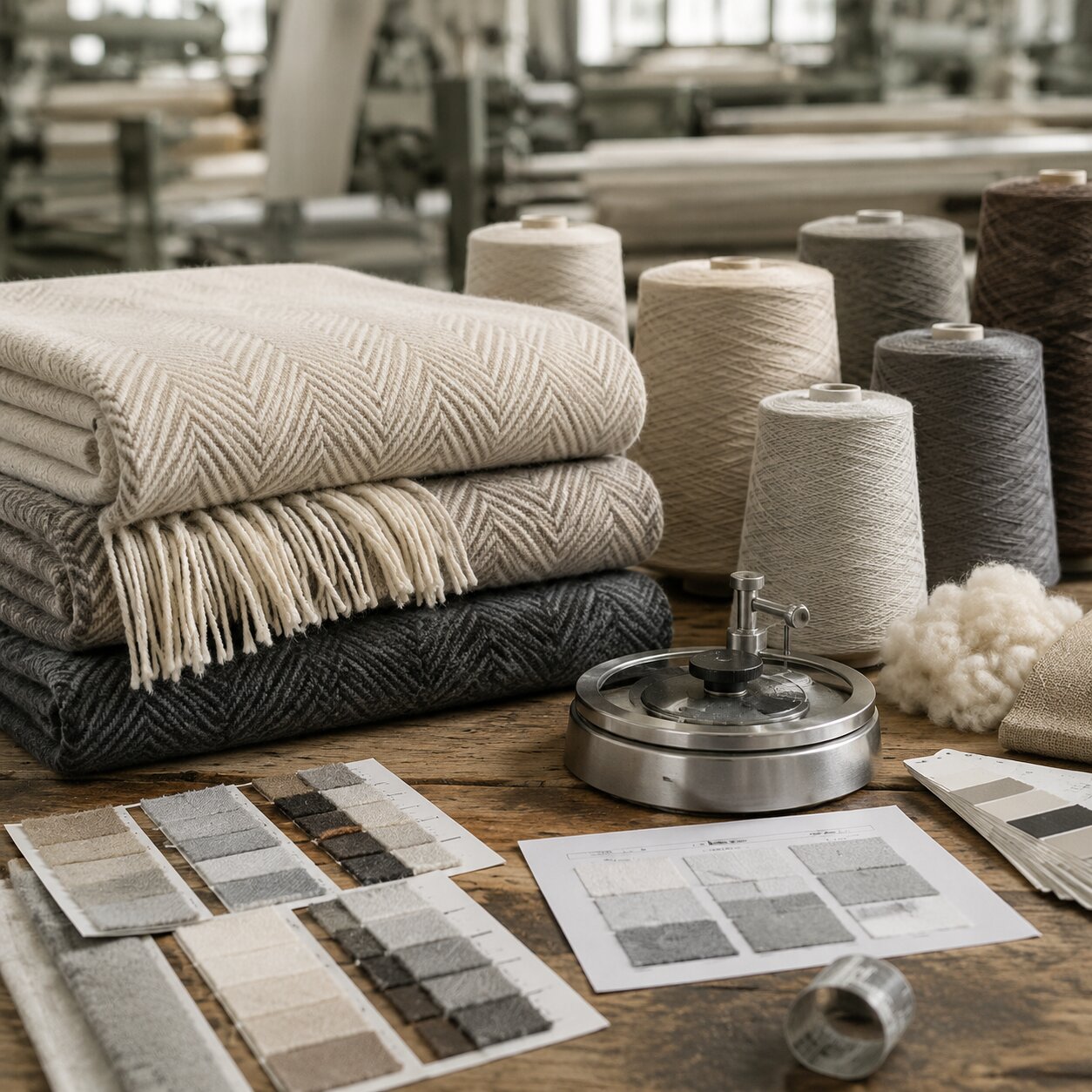 Folded 420gsm wool blend throws with yarn cones, GSM cutter, lab dip cards and inspection documents on a mill table