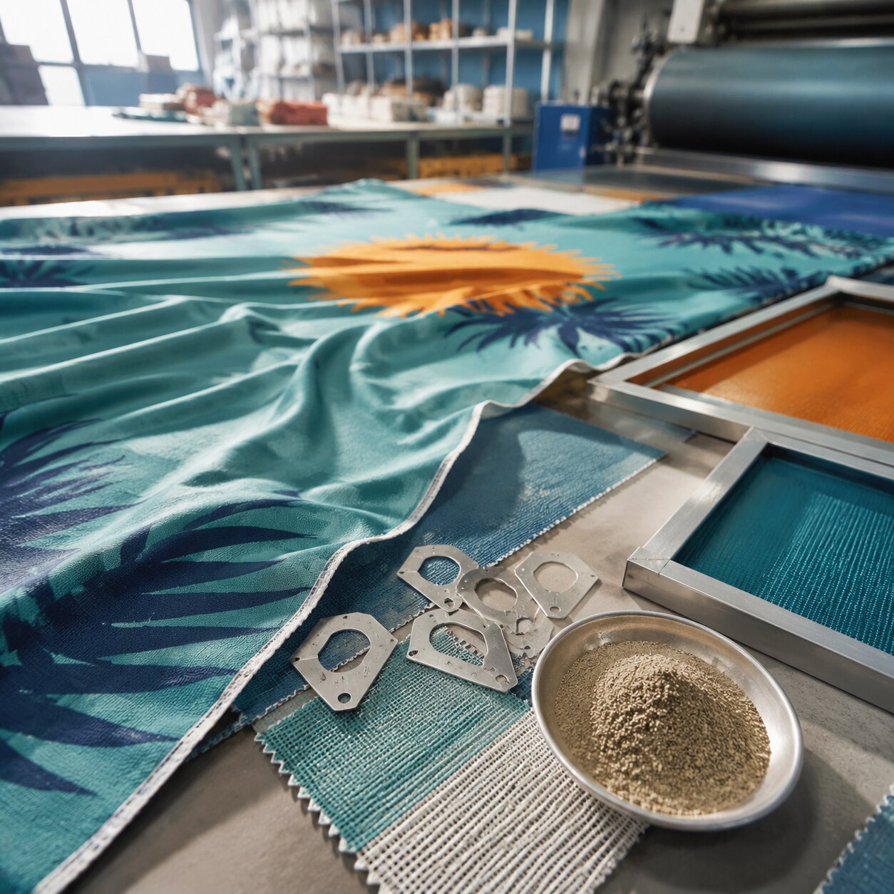 Stack of screen-printed 200gsm microfiber beach blankets laid on a cutting table beside print screens, hem samples, and QC rulers
