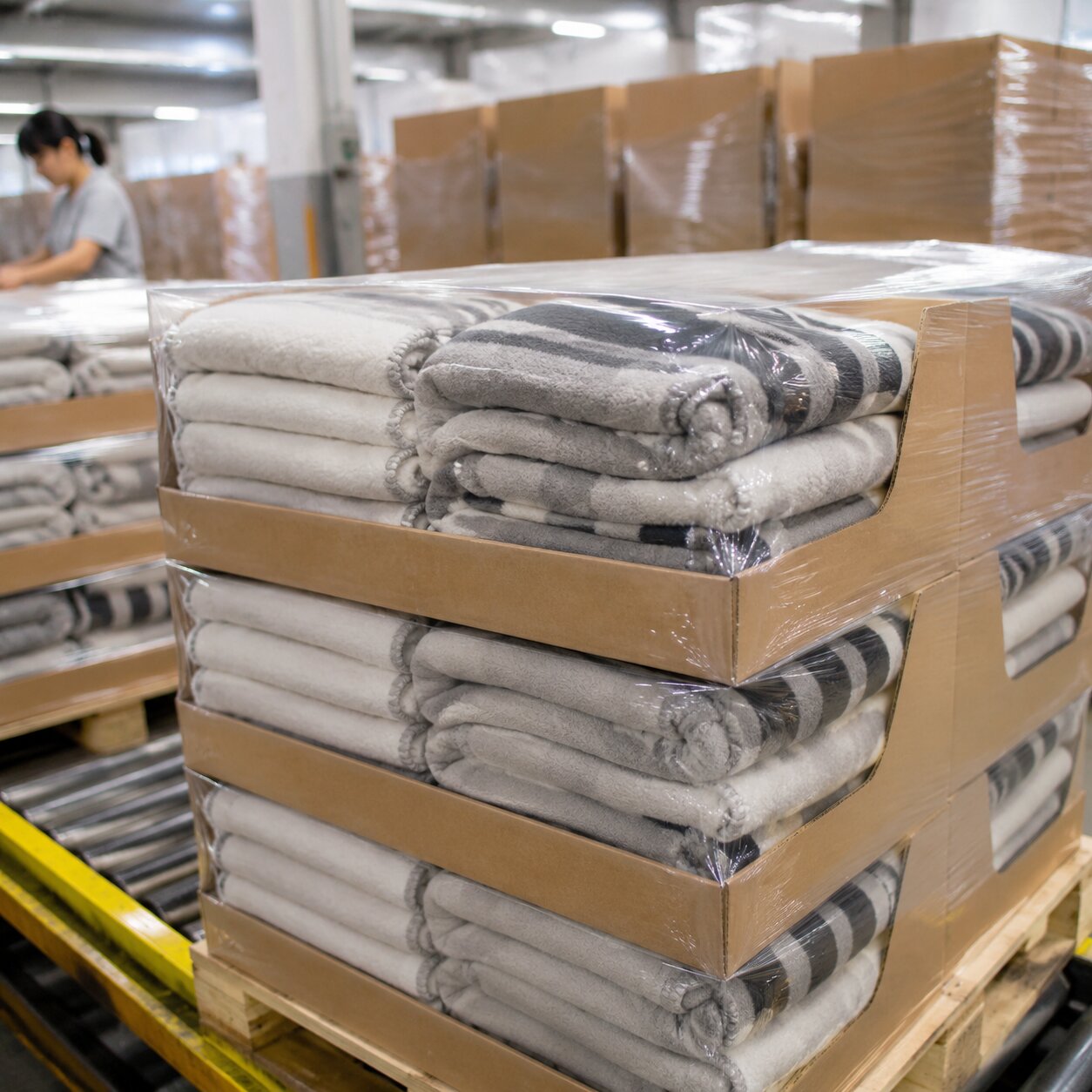 Shrink-wrapped PDQ display trays of folded 200gsm polyester fleece throws stacked on pallets beside export cartons in a blanket packing area