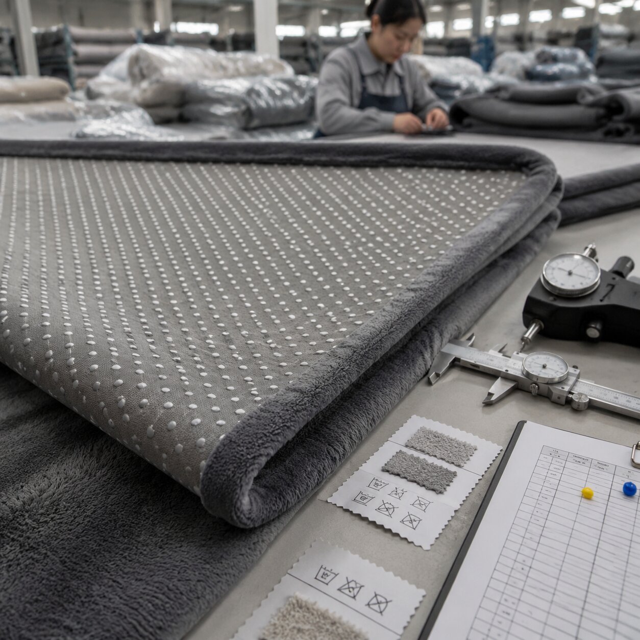 Close-up of grey 260gsm coral fleece pet blanket reverse side with white silicone anti-slip dots on a factory inspection table
