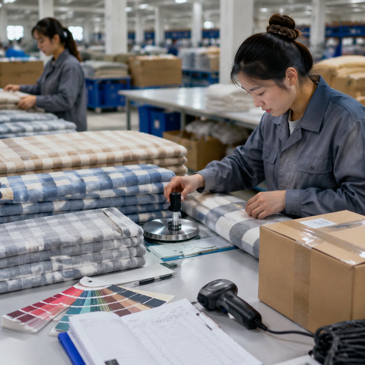 QC table with folded 260gsm polyester fleece throws, colour swatches, measuring tape and inspection report in a blanket factory