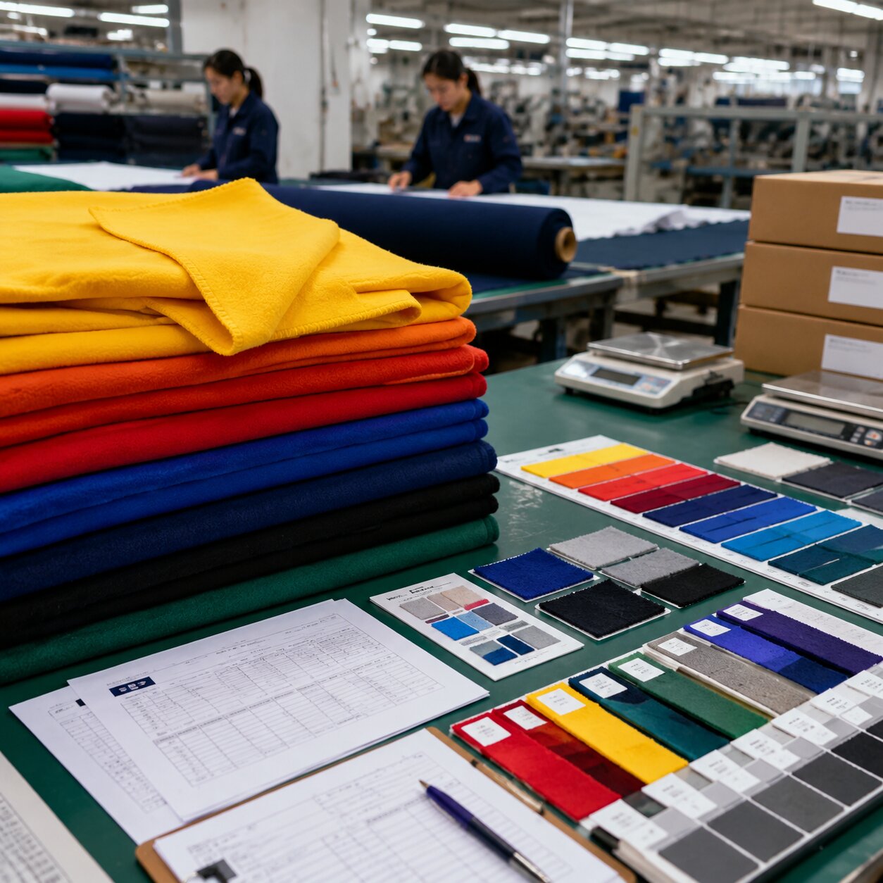 Stacks of folded navy, red and charcoal solution-dyed polyester fleece stadium blankets beside shade standards, wash-test swatches and inspection records in a textile mill QC room