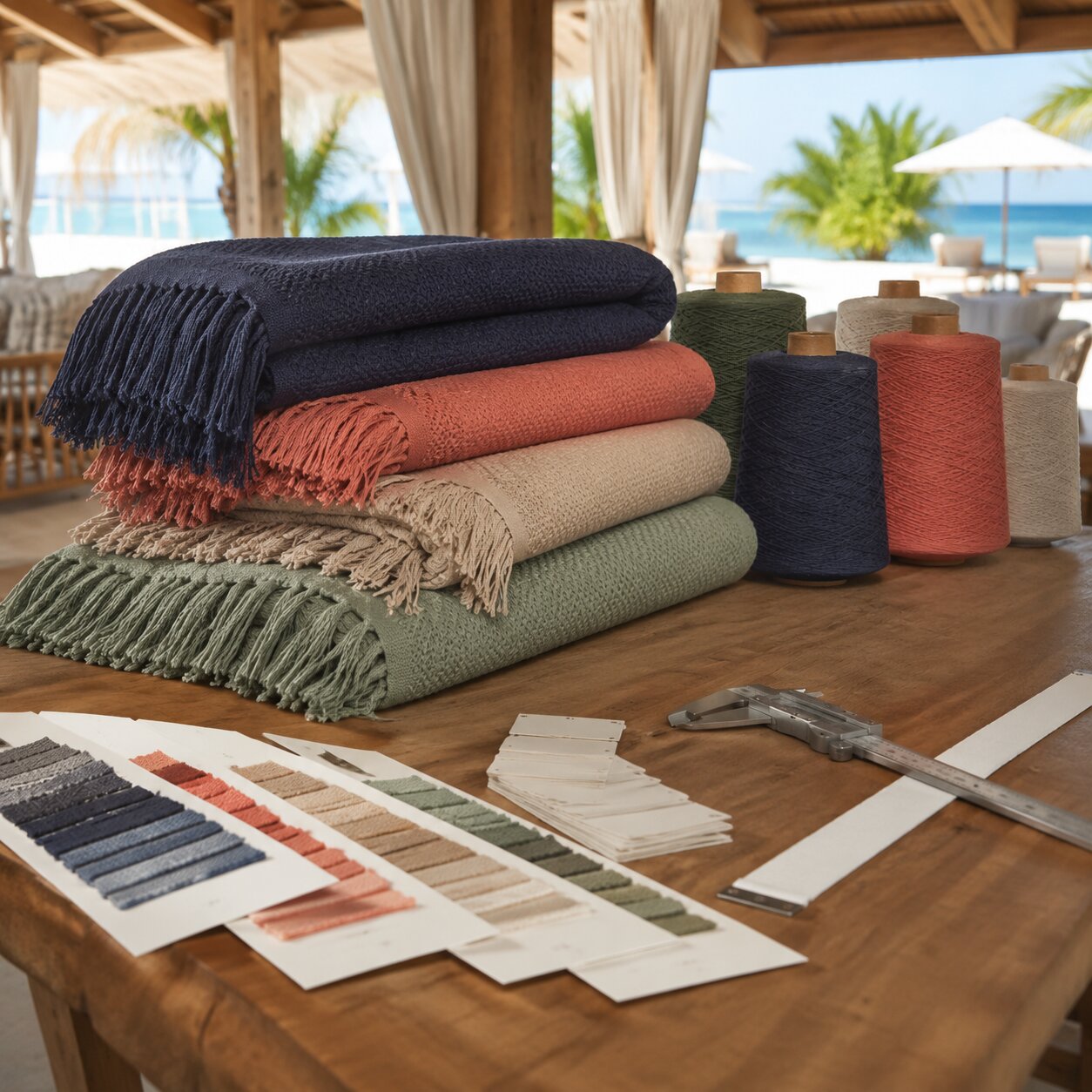 Solution-dyed acrylic throw samples and yarn cones reviewed beside a resort cabana sourcing table