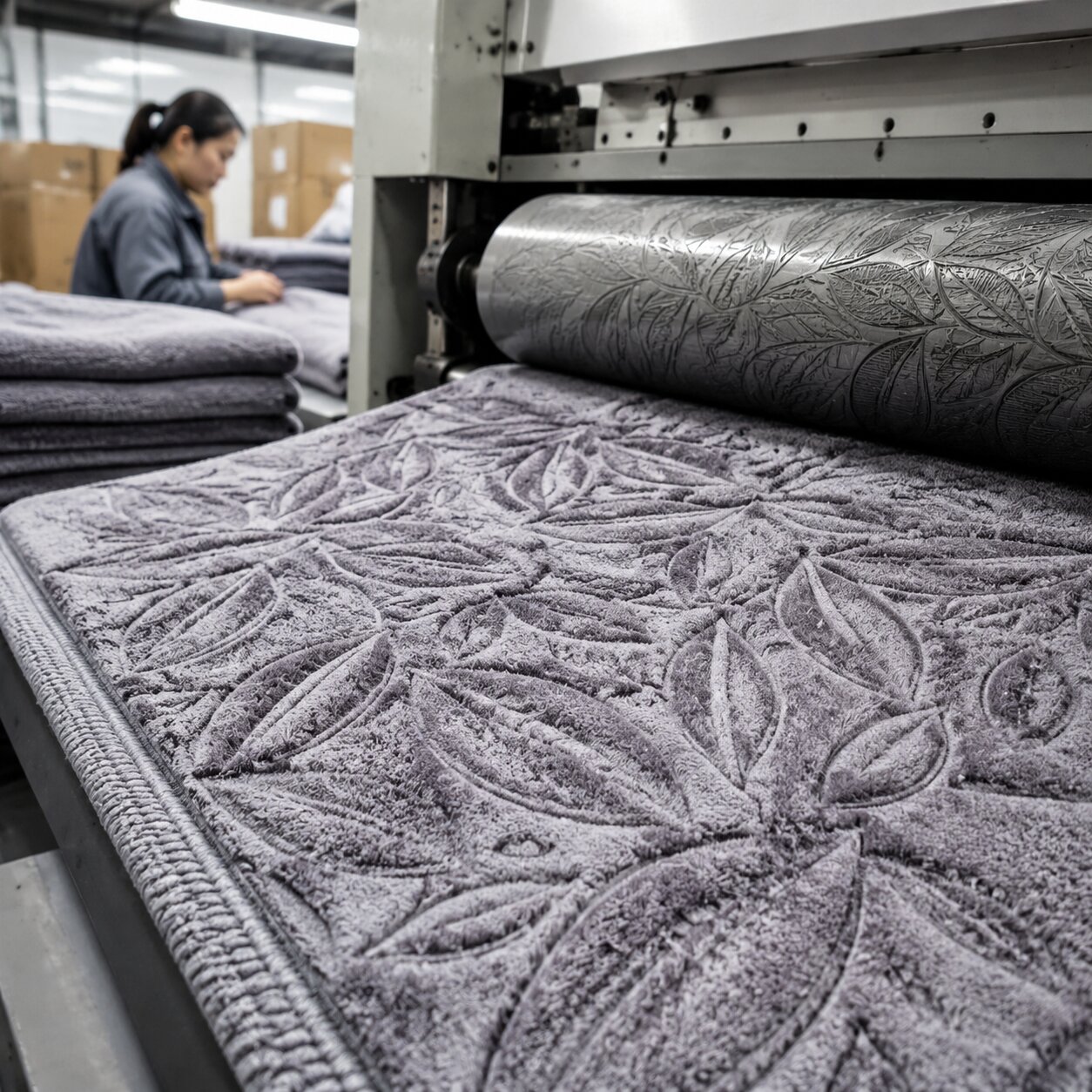 Close-up of grey sonic embossed PV plush throw showing raised pile, recessed pattern and directional gloss under factory inspection light