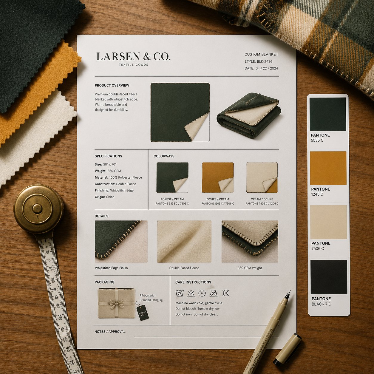 Custom blanket tech-pack spec sheet with fleece fabric swatches and Pantone color chips on a desk