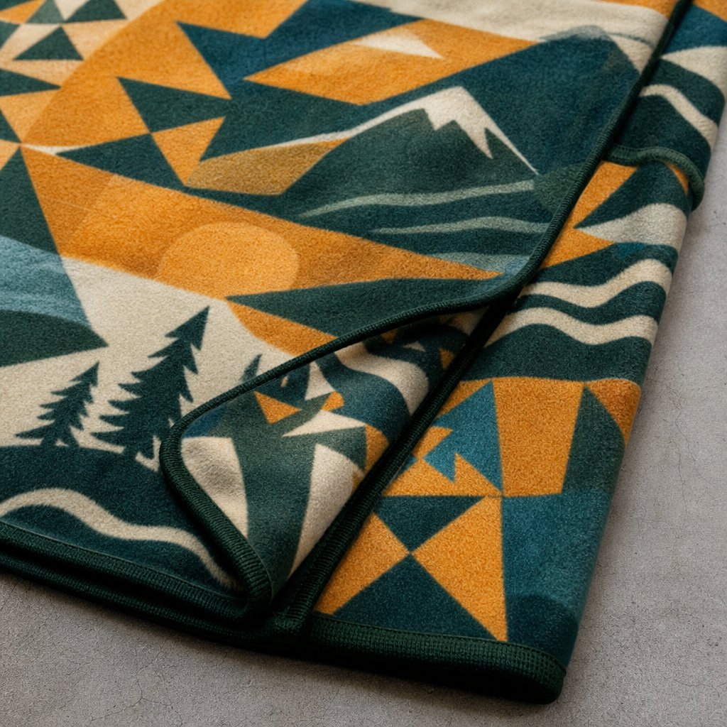 Vibrant all-over geometric sublimation print on polar fleece blanket in ochre and forest green