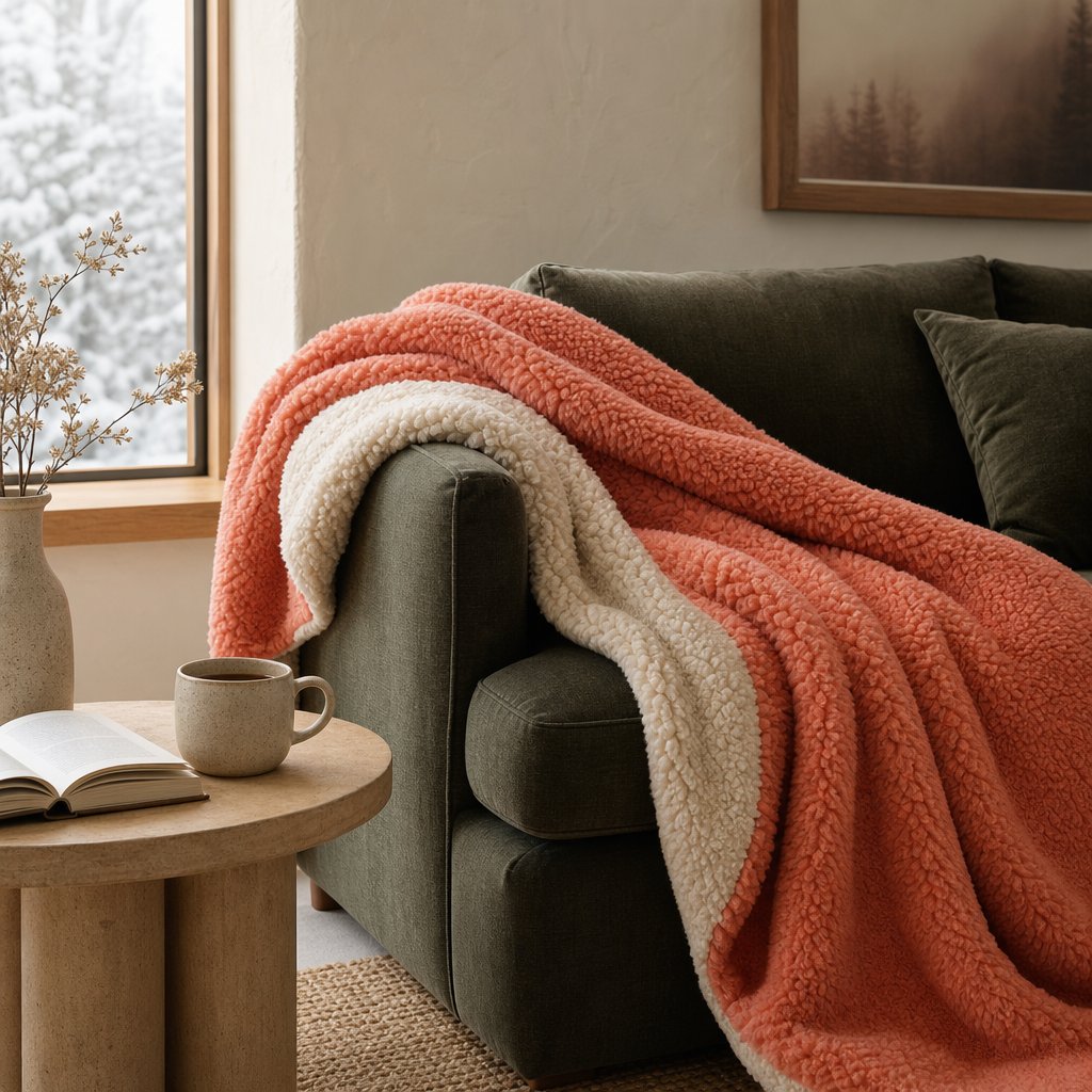 Cream sherpa throw blanket draped over moss green linen sofa in cozy modern interior