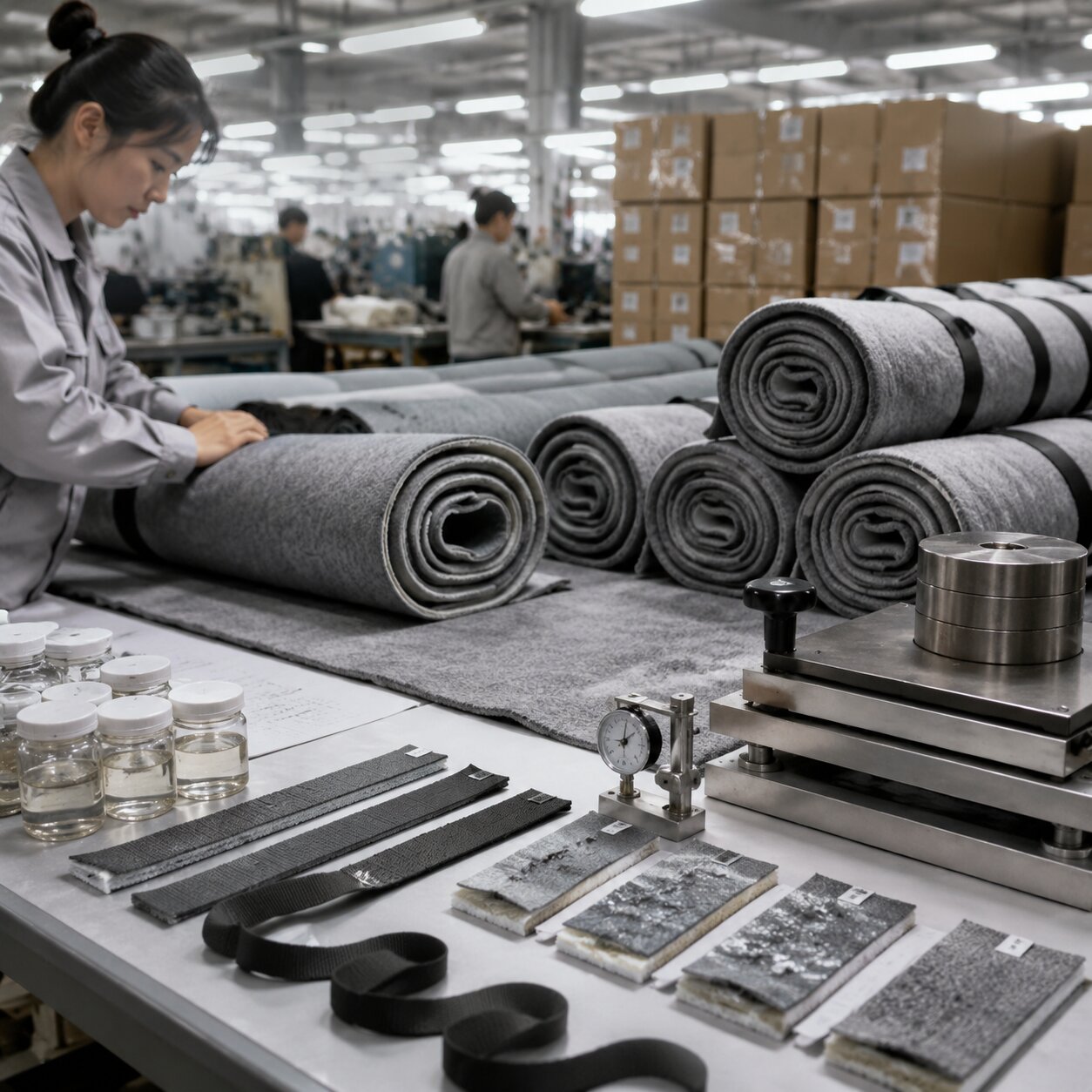 Rolled 150 x 180 cm microfleece picnic mats with TPE foam construction samples, peel-test strips, webbing straps, calipers, load platen and export cartons on a factory inspection table