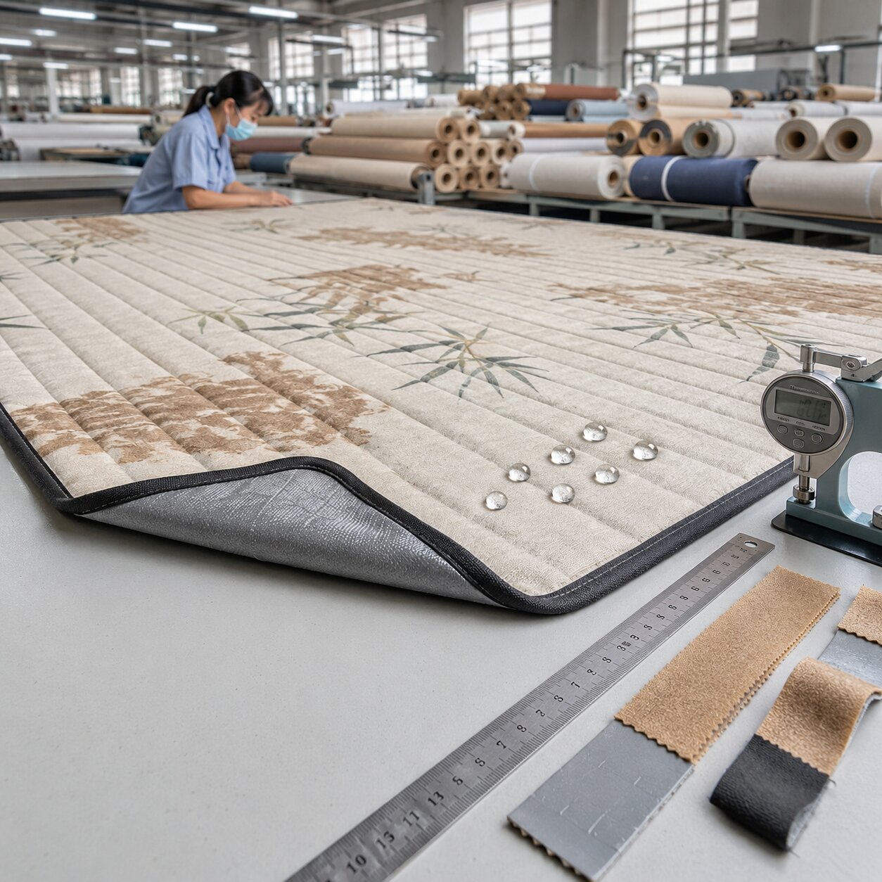Close-up of a suede-finish picnic mat with TPU laminated backing on a factory inspection table, showing fabric texture, edge binding, fold area, and water-bead test