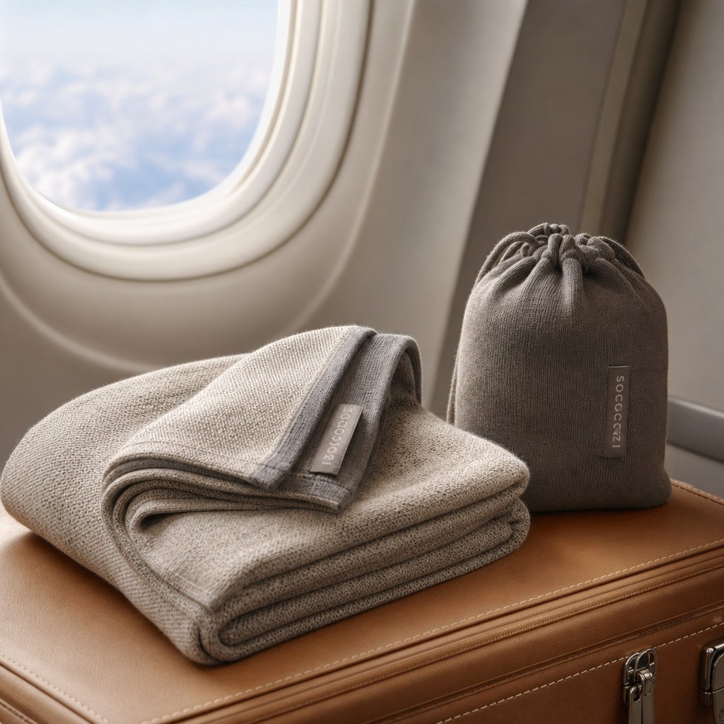 Lightweight grey travel blanket folded into matching pouch beside airline window