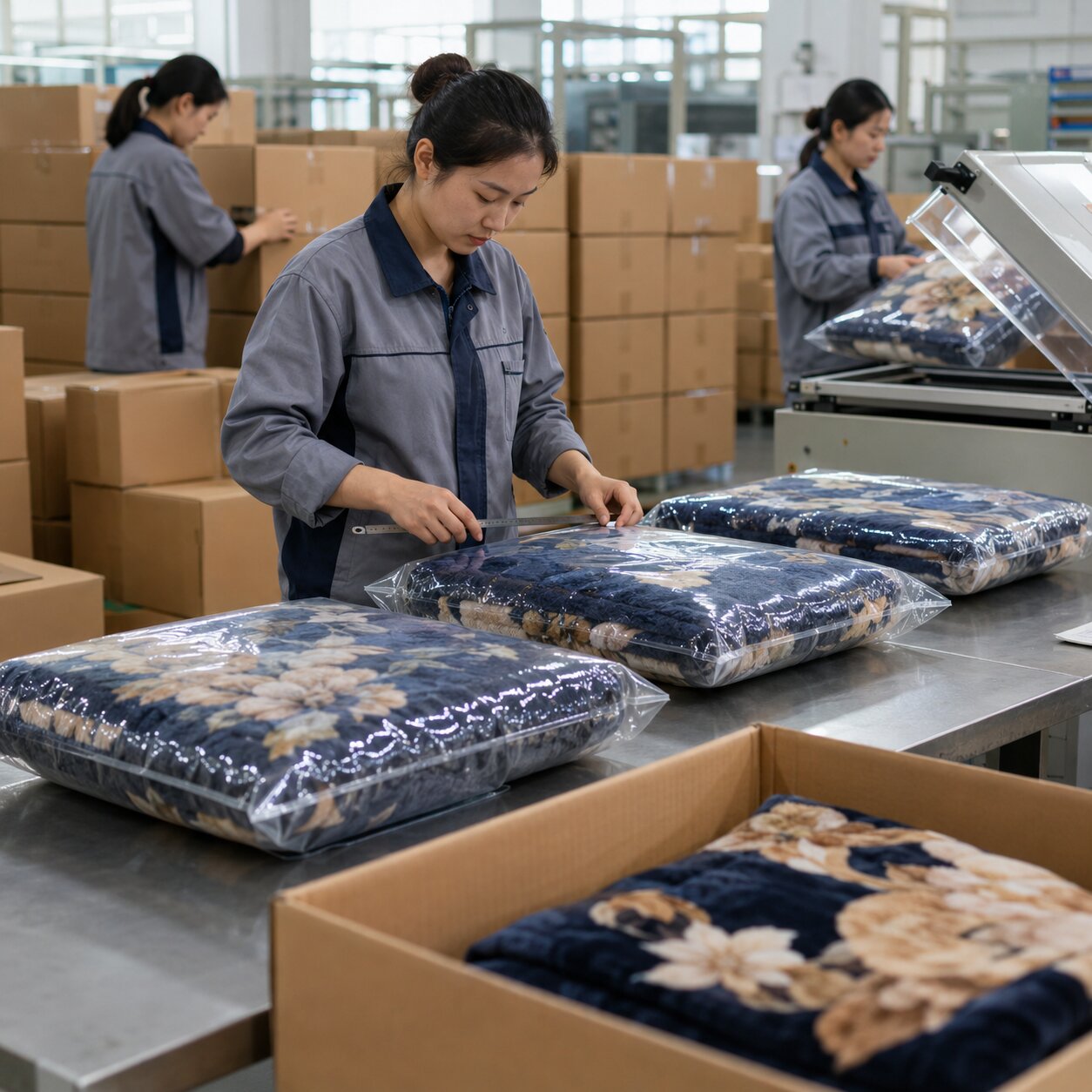 Vacuum-compressed 280gsm faux-mink polyester blankets stacked in export cartons in a textile packing area