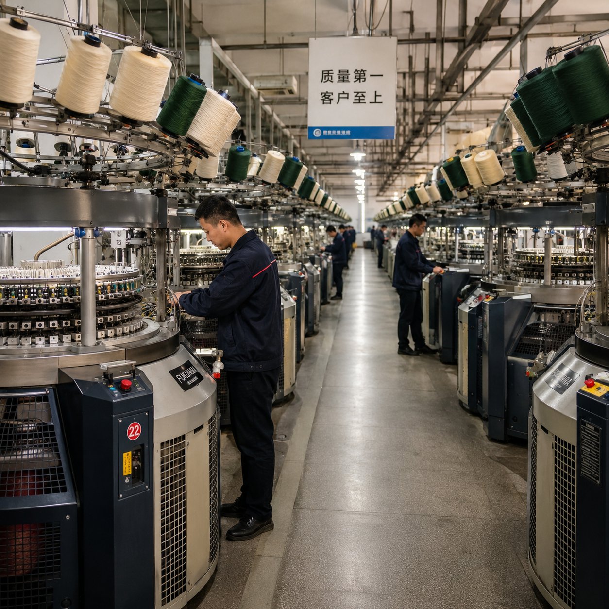 Long aisle of circular knitting machines producing fleece yarn at the FIELDLOOM textile mill