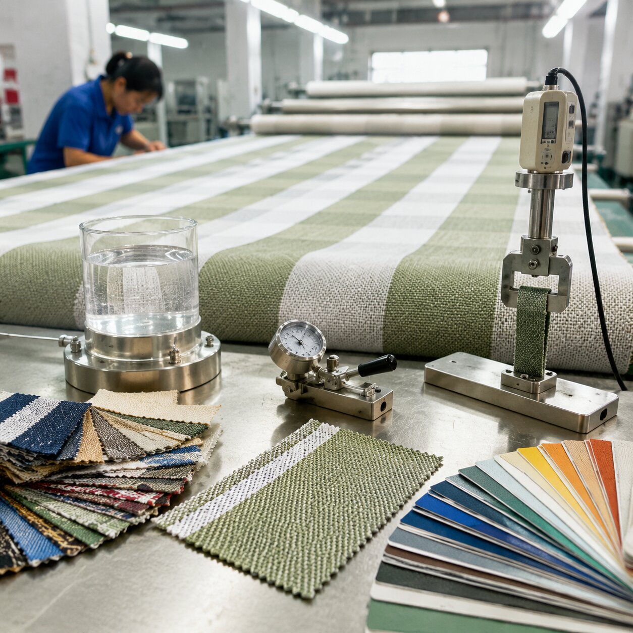 Heat-set woven polypropylene picnic mats stacked and folded for garden centre retail with UV-stable finish