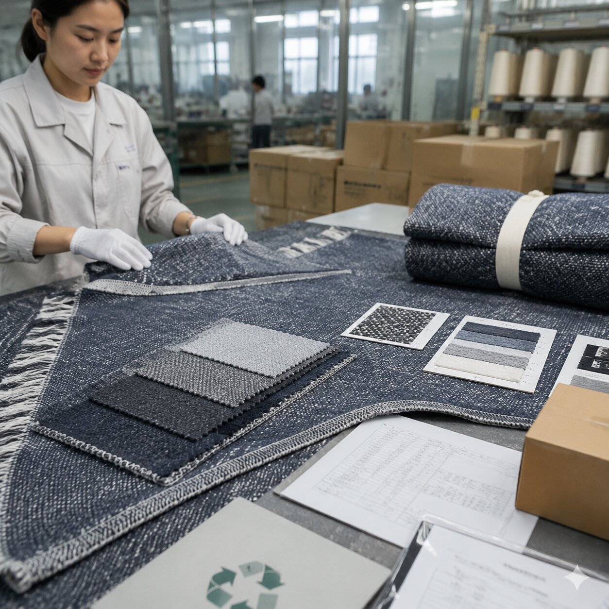 Close-up of a woven heather RPET picnic blanket with fringe on inspection table beside lot cards, mass ticket, shade standard and recycled chain-of-custody documents